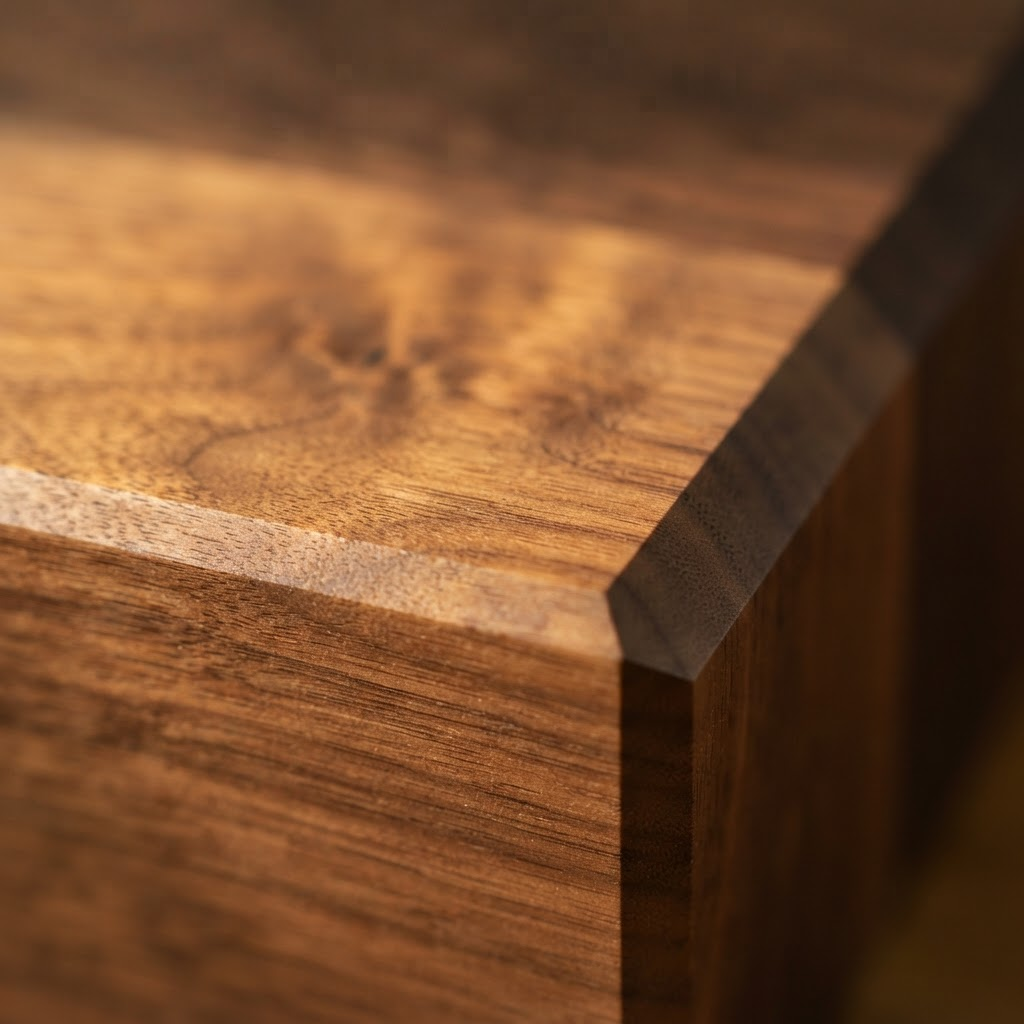 Close-up of a finished walnut table surface showing the wood grain
