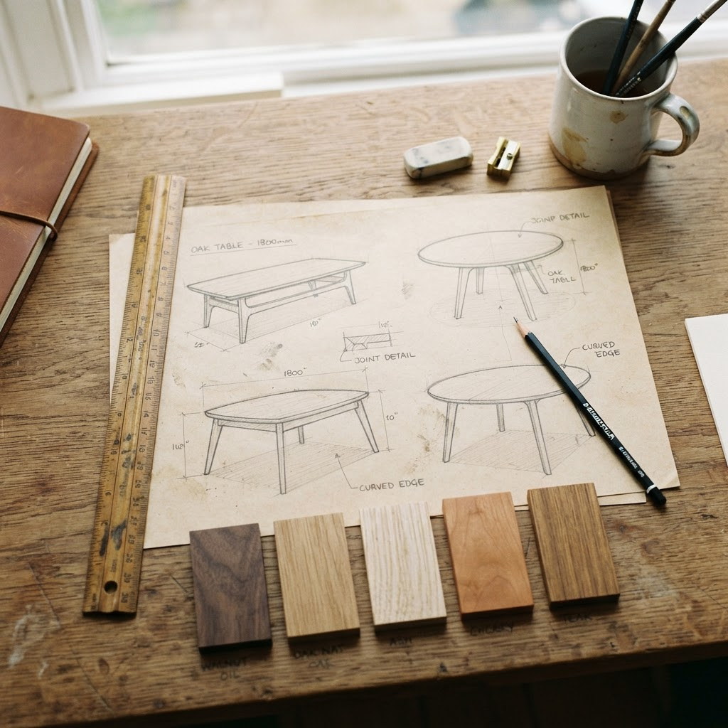 Design studio desk with pencil sketches of table designs, a ruler, and wood samples