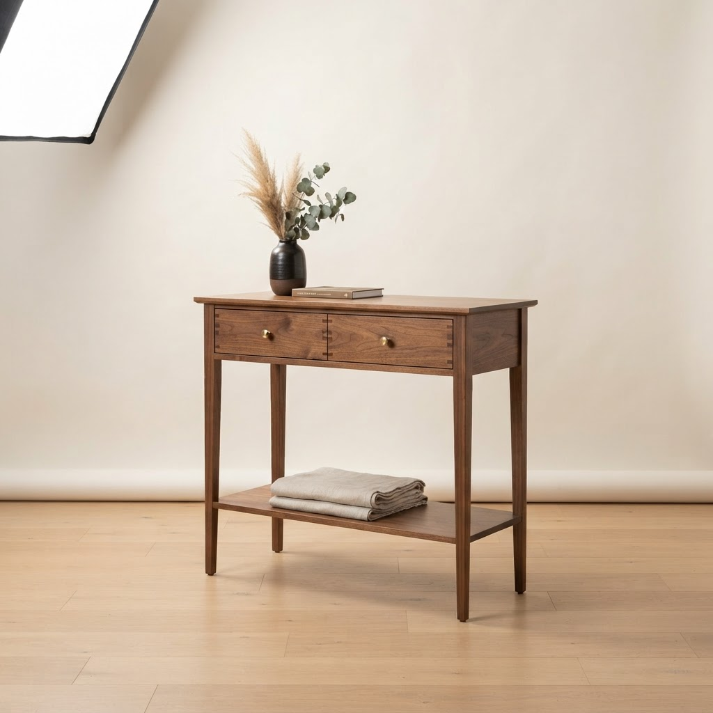 A narrow wooden console table with a lower shelf